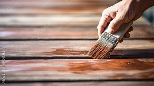 hand holds a brush and applies paint on a wooden surface.Generative AI