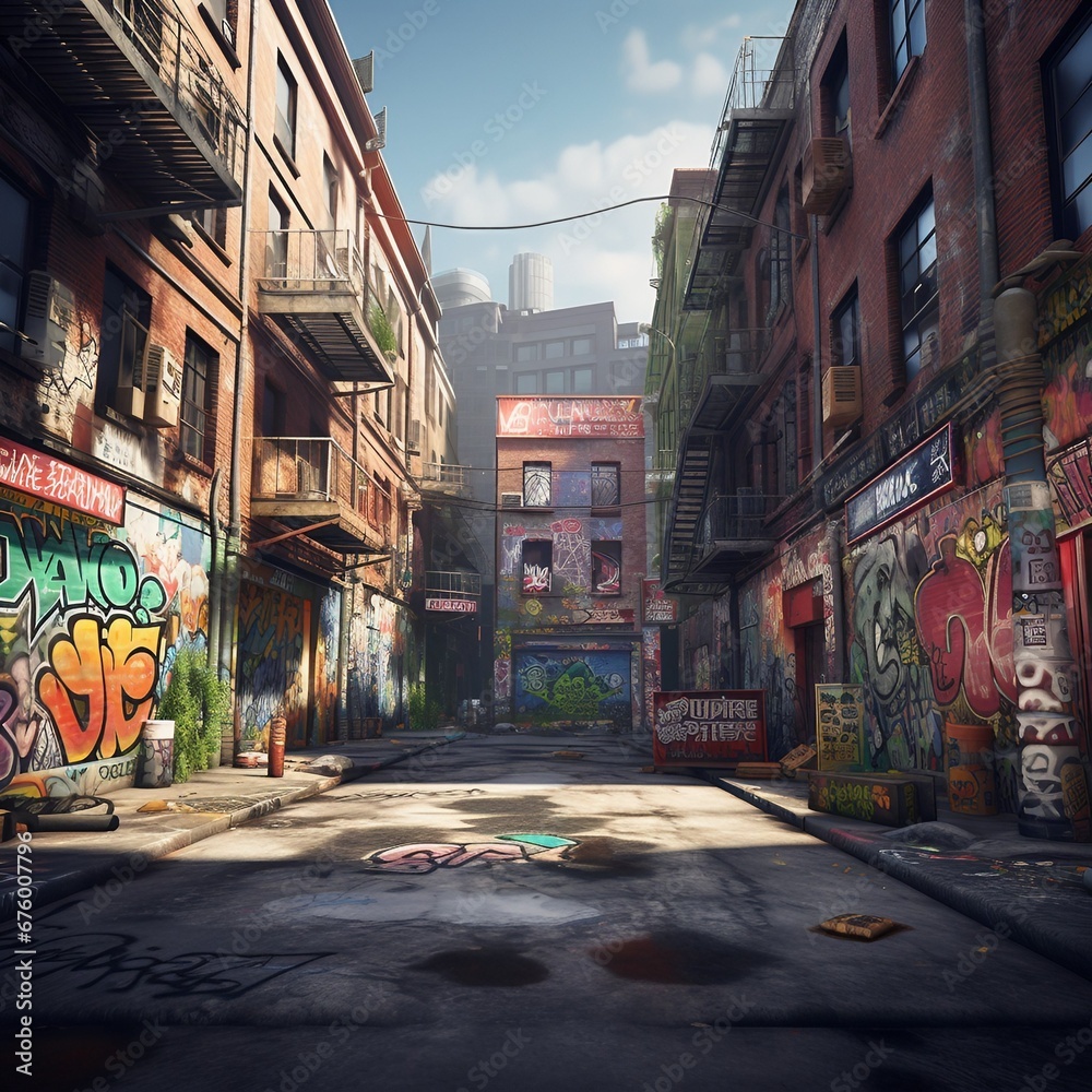 Fototapeta premium a city street with graffiti all over it