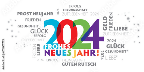 Frohes neues Jahr - Neujahrsgruß 2024 - bunter fröhlicher Text mit verschiedenen Grußformeln und Wünschen - deutsch photo