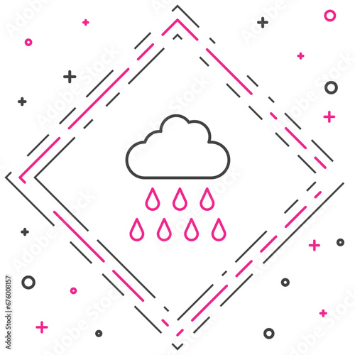 Line Cloud with rain icon isolated on white background. Rain cloud precipitation with rain drops. Colorful outline concept. Vector