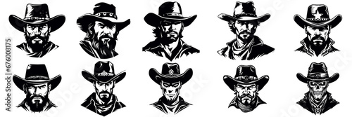 Vintage wanted logo modern cowboy western character person. Set cowboy logo, black and white, emblem or graphic design. wild west vector illustration photo