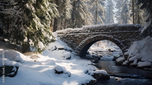  a stone bridge over a small stream in a forest covered in snow and surrounded by evergreen trees and snow covered rocks.  generative ai © Oleg