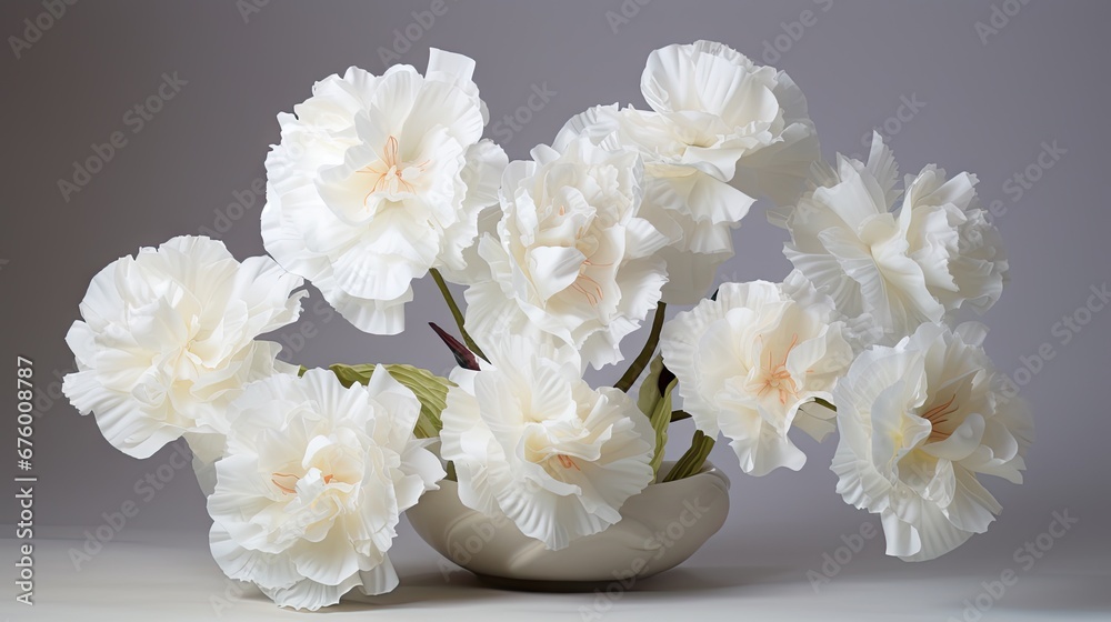  a vase filled with white flowers sitting on top of a table next to a vase with white flowers in it.  generative ai