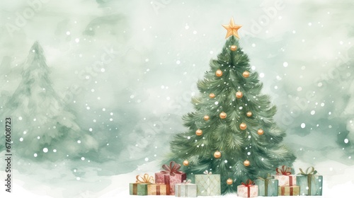  a watercolor painting of a christmas tree with presents in front of it and a star on top of it. generative ai