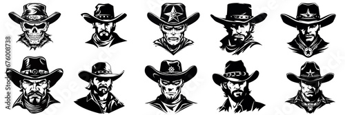 Vintage wanted logo modern cowboy western character person. Set cowboy logo, black and white, emblem or graphic design. wild west vector illustration