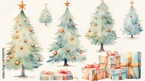  a watercolor painting of christmas trees with presents in front of them and a star on the top of the tree.  generative ai