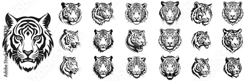 Fototapeta Naklejka Na Ścianę i Meble -  Black tiger illustration. Set tiger silhouette. Minimalist and Flat Logo. Isolated vector image, head tiger logo vector, animal theme, wildlife logo.