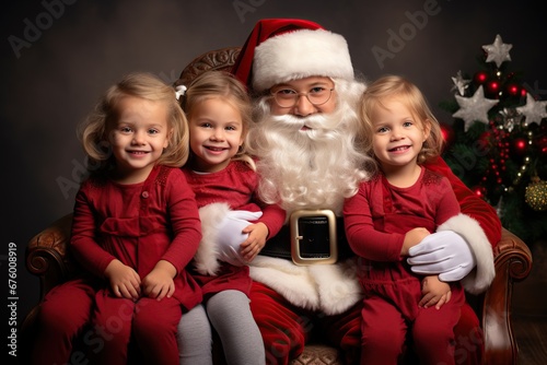 Little children sitting on authentic Santa Claus  knees indoors. Cute little boy and girl with Santa Claus in room decorated for Christmas.