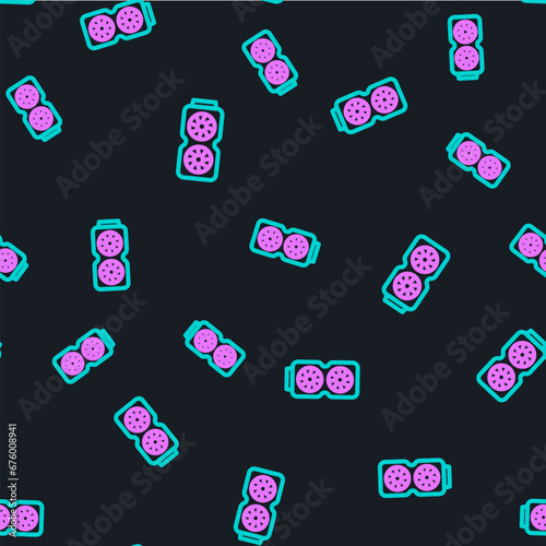 Line Video graphic card icon isolated seamless pattern on black background. Vector