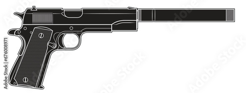 Vector illustration of the Colt 1911 automatic pistol with silencer on the white background. Black. Right side.