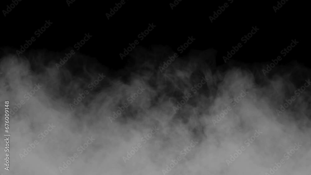 Realistic smoke fog steam loop rises on black background