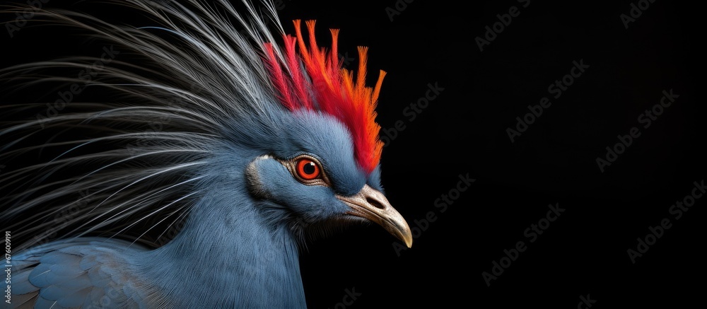In the beautiful nature of New Guinea against a blue background a stunning portrait captures the essence of the endangered and breathtakingly beautiful species known as the Crowned Pigeon wi