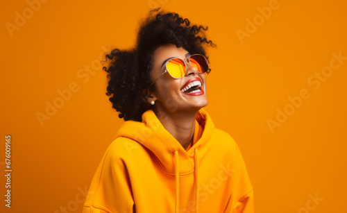 African american female model, posing, orange clothing, Brazilian deep wave hair, unsplash, peach background