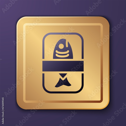 Purple Fish plastic tray container with cellophane cover icon isolated on purple background. Gold square button. Vector