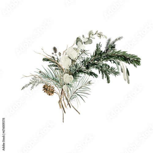 Watercolor floral bouquet. Hand painted arrangement of winter leaves, green fir tree branches, christmas red berries. Botanical winter flora of forest greenery for card design, print. © 60seconds