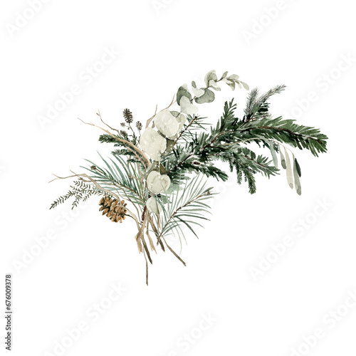 Watercolor floral bouquet. Hand painted arrangement of winter leaves  green fir tree branches  christmas red berries. Botanical winter flora of forest greenery for card design  print.