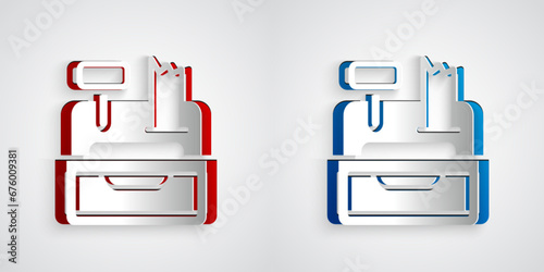 Paper cut Cash register machine with a check icon isolated on grey background. Cashier sign. Cashbox symbol. Paper art style. Vector
