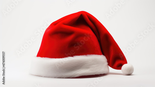 Red Santa Claus hat with a white fur trim and pompom, typically associated with Christmas festivities, against a white background.