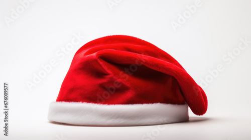 Red Santa Claus hat with a white fur trim and pompom, typically associated with Christmas festivities, against a white background.