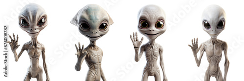 Collection of Aliens smiling and waving greeting on white background