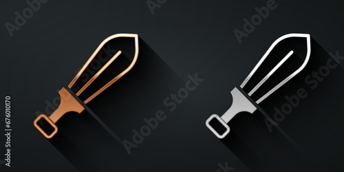 Gold and silver Sword toy icon isolated on black background. Long shadow style. Vector
