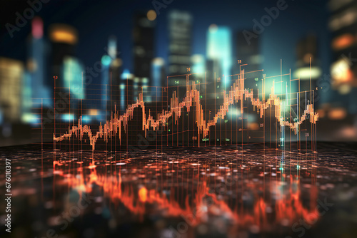 Panoramic abstract backdrop with stock market growth/down, digital financial chart graphs and indicators