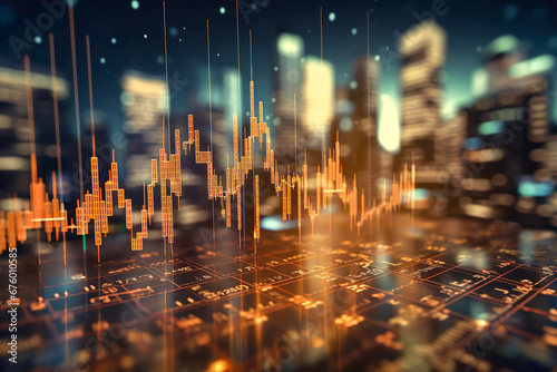 Panoramic abstract backdrop with stock market growth/down, digital financial chart graphs and indicators