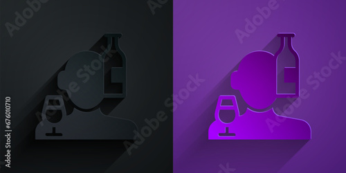 Paper cut Alcoholism, or alcohol use disorder icon isolated on black on purple background. Paper art style. Vector