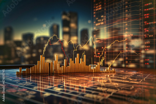 Panoramic abstract backdrop with stock market growth/down, digital financial chart graphs and indicators