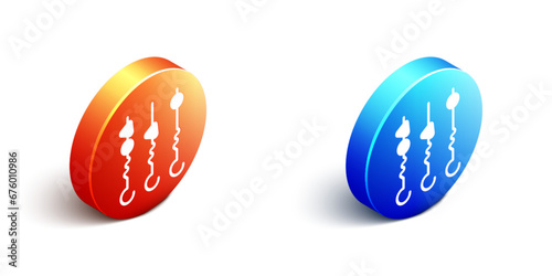Isometric Grilled shish kebab on skewer stick icon isolated on white background. Meat kebab on skewer stick. Picnic with grilled meat. Orange and blue circle button. Vector
