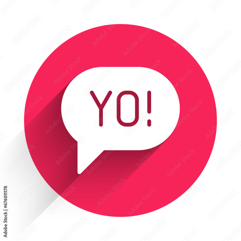 White Yo slang lettering icon isolated with long shadow background. Greeting words. Red circle button. Vector White Yo slang lettering icon isolated with long shadow background. Greeting words. Red circle button. Vector