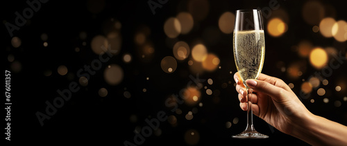 Woman holding glass of champagne on blurred bokeh background. Christmas and New Year celebration concept photo