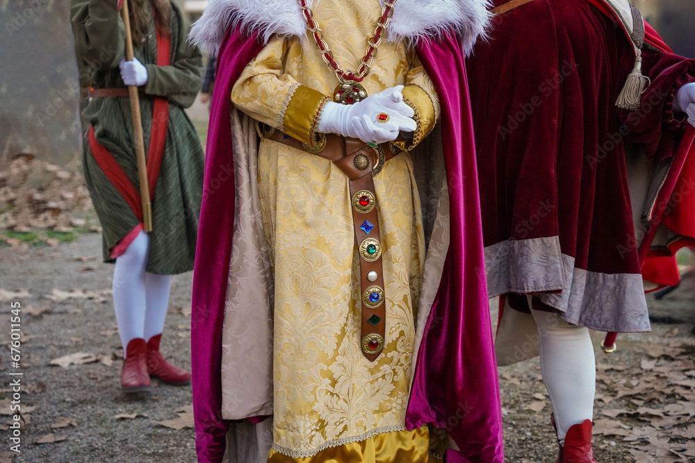 Obraz premium Three kings parade celebration. Cabalgata de Reyes magos. Three Wise men traditional Spanish Christmas show