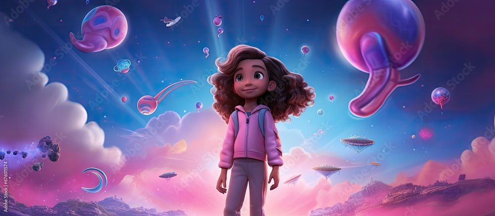 Fototapeta premium In the background of a vast and captivating sky a curious girl a child full of wonder gazes at the stars and dreams of exploring the cosmic space With a cute and vibrant pink spacesuit this