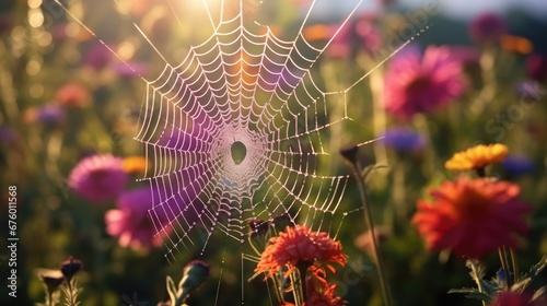 A web of spiders in the center of a flower garden. Generative Ai.