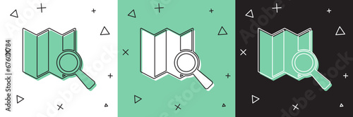 Set Search location icon isolated on white and green, black background. Magnifying glass with pointer sign. Vector