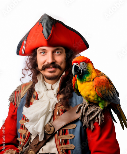 A pirate holding his parrot. Close up portrait isolated on white background.