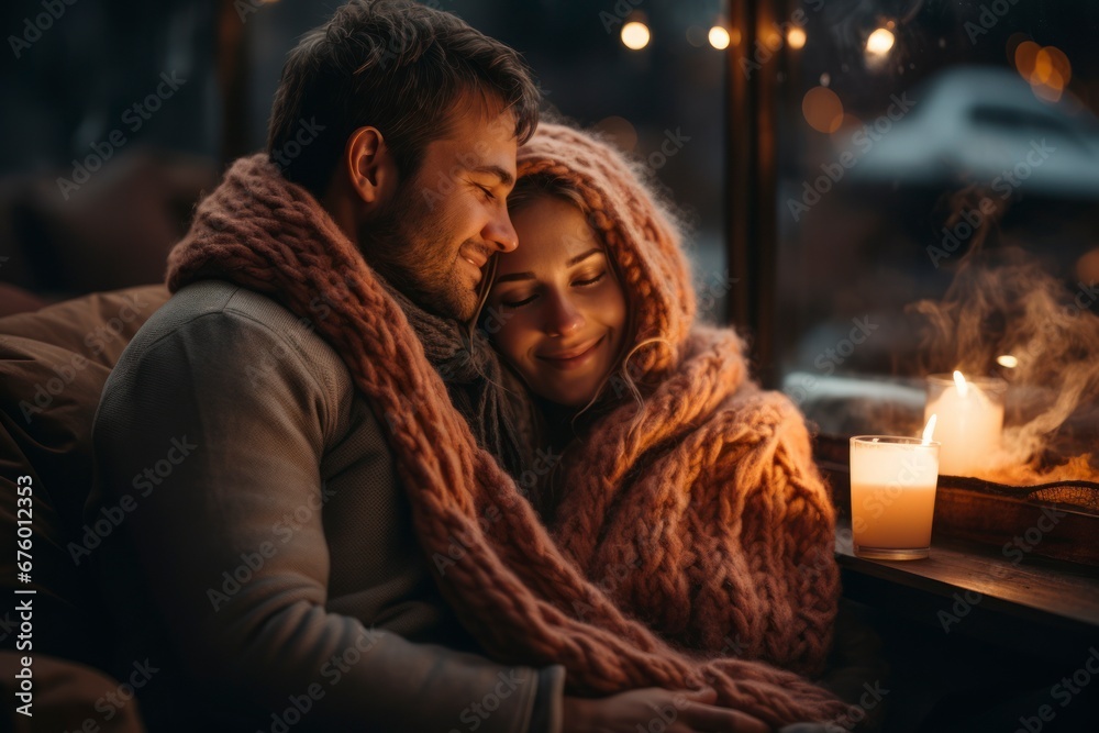 A couple enjoying a cozy, fireside cuddle with soft blankets.