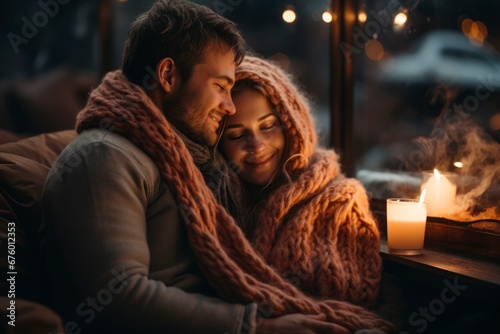 A couple enjoying a cozy  fireside cuddle with soft blankets.