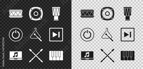 Set Drum, Stereo speaker, Laptop with music note, sticks, Music synthesizer, Power button and Triangle musical instrument icon. Vector