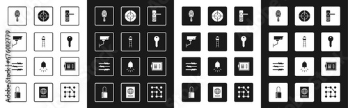 Set Door handle, Watch tower, Security camera, Car key with remote, Key, Target sport, Safe and Barbed wire icon. Vector