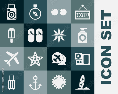 Set Surfboard, Photo camera, Sunscreen spray bottle, Glasses, Flip flops, Ice cream, and Wind rose icon. Vector