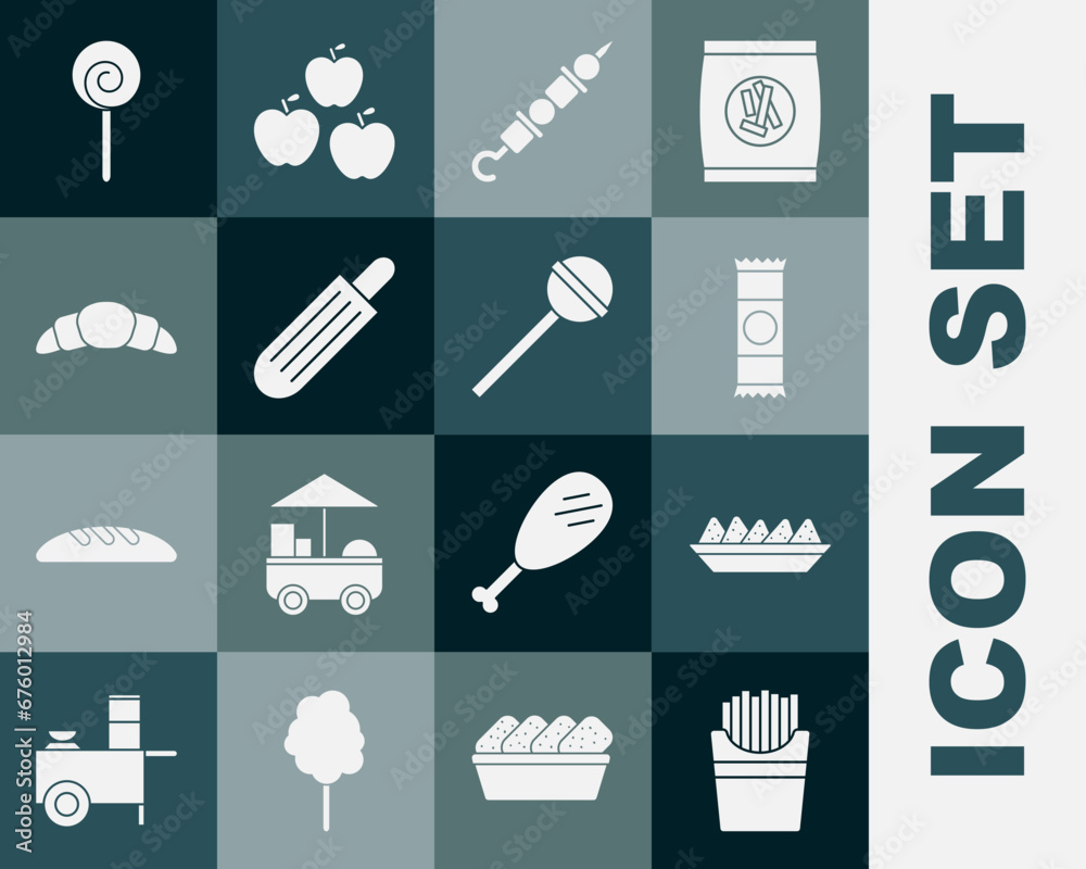 Set Potatoes french fries in box, Nachos plate, Chocolate bar, Grilled shish kebab, French hot dog, Croissant, Lollipop and icon. Vector Set Potatoes french fries in box, Nachos plate, Chocolate bar, Grilled shish kebab, French hot dog, Croissant, Lollipop and icon. Vector