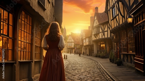 adult female woman traveller walking on a old stone street local old town cheerful happiness peaceful freshness moment while spending a quality time travel in old town europe