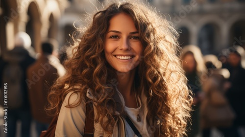 adult female woman traveller walking on a old stone street local old town cheerful happiness peaceful freshness moment while spending a quality time travel in old town europe © VERTEX SPACE