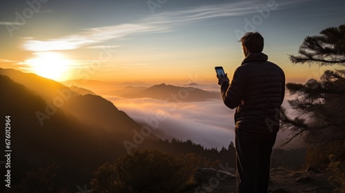attractive active sport traveller in jacket hand using smartphone taking photo of sunrise on a mountain forest peak nature environment landscape male hiking take photo on top of hill morning