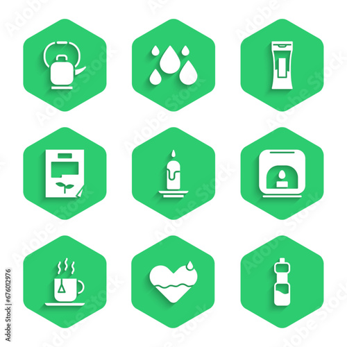 Set Burning candle, Heart heal, Bottle of water, Aroma lamp, Cup tea with tea bag, Leaf document, shampoo and Kettle handle icon. Vector