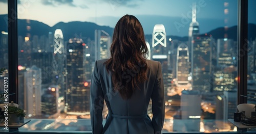 Visionary Vista - Unrecognizable face. Business woman looks at the city of skyscrapers from the office. Generative AI