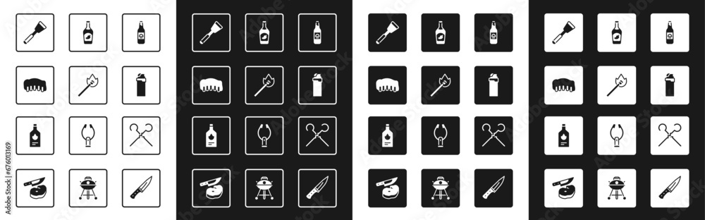Set Beer bottle, Burning match with fire, Grilled pork bbq ribs, Spatula, Lighter, Ketchup, BBQ skewers and Tabasco sauce icon. Vector