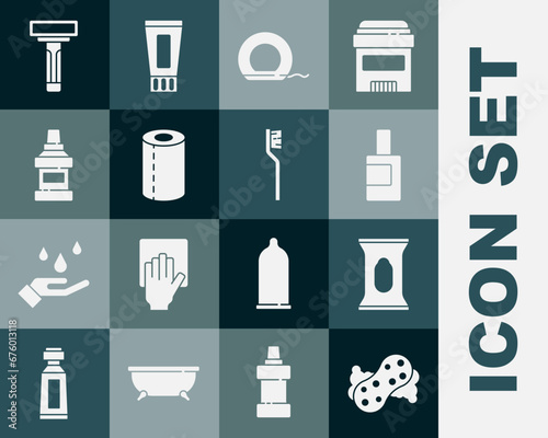 Set Sponge, Wet wipe pack, Bottle for cleaning agent, Dental floss, Paper towel roll, Mouthwash bottle, Shaving razor and Toothbrush icon. Vector